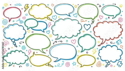 Vector art of collection of handdrawn speech bubbles and thought clouds in various shapes and colors, decorated with doodles like lightning bolts, hearts, and swirls