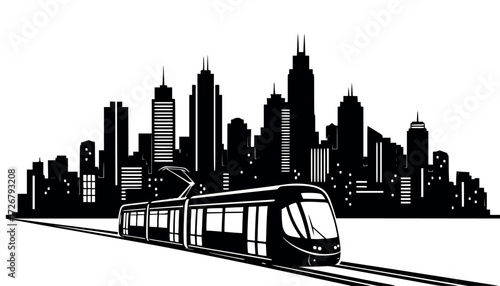 Vector art of modern tram or light rail train moving on tracks in front of a stylized black silhouette of a city skyline with skyscrapers