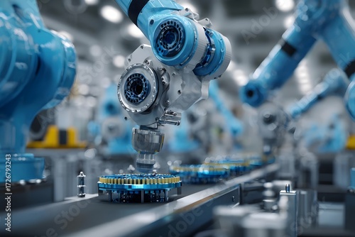 Blue robotic arms assembling components on a conveyor belt in a factory.