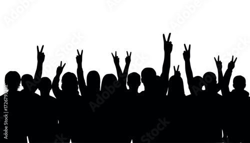 Vector art of silhouette of a crowd of people with their hands raised in victory signs