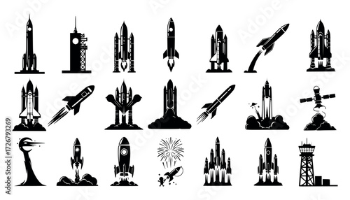 Vector art of collection of rocket launch silhouettes, representing space exploration and futuristic technology