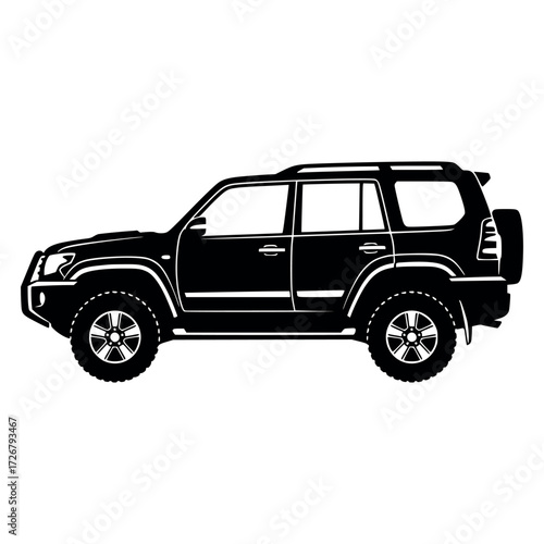 Vector art of black suv car silhouette, representing adventure and offroad capability