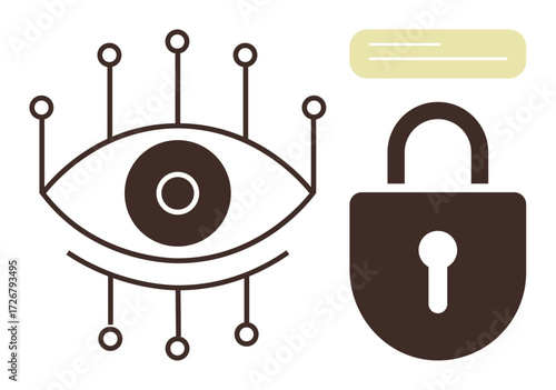 Eye surrounded by connection nodes beside lock emphasizes biometric security, cyber protection, and privacy. Ideal for data encryption, access control, digital safety, surveillance, technology