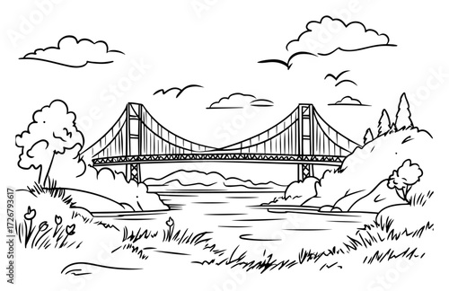Graceful suspension bridge spanning tranquil river between rolling green banks – peaceful engineering landmark line drawing