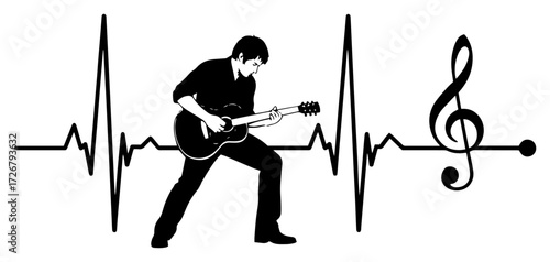 Rock guitarist shredding electric guitar integrated into heartbeat line and treble clef – music pulse silhouette illustration