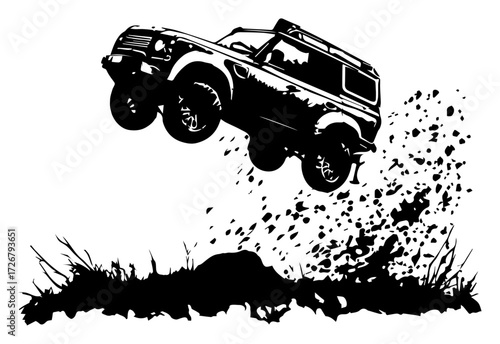 Off-road 4×4 SUV launching over dirt mound with flying debris – extreme adventure vehicle graphic
