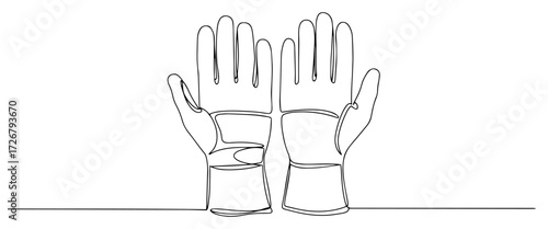 Minimal continuous-line goalkeeper gloves laid flat – clean soccer goalie equipment icon illustration
