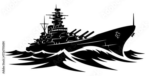 Mighty battleship plowing through rough ocean waves – powerful naval warship silhouette graphic