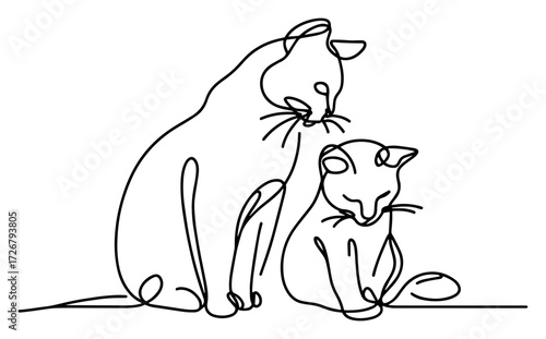 Tender mother cat cuddling kitten, drawn as single continuous line – minimalist feline family love illustration
