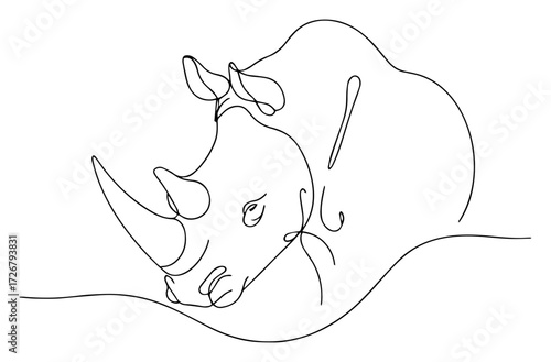 Powerful rhinoceros resting on savanna ground, rendered in one-line style – bold wildlife conservation icon illustration