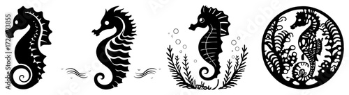 Stylised seahorse collection with seaweed frame and bubble accents – nautical marine life emblem set illustration