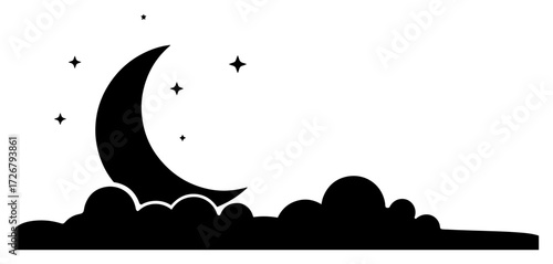 Crescent moon with twinkling stars rising above silhouette clouds – simple dreamy night-sky icon vector design