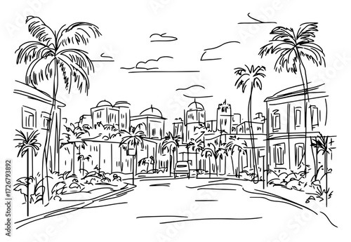 Palm-lined Middle Eastern old-town boulevard with domed rooftops and warm oasis vibe – exotic desert cityscape sketch illustration