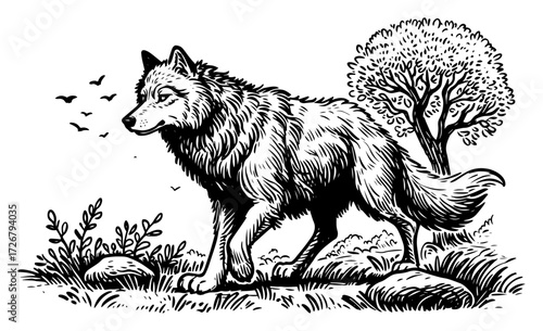 Wild wolf standing alert on forest meadow with birds and trees – detailed vintage engraving wildlife illustration