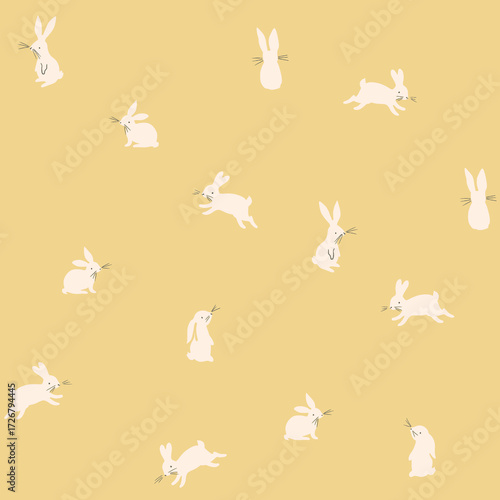 Cute seamless pattern with minimalist white bunnies on a yellow background. Simple kids and nursery animal print for Easter. Scandinavian style rabbit illustration.