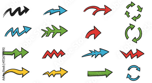 A collection of sixteen stylized arrows in various shapes and colors, pointing in different directions, isolated on a white background.