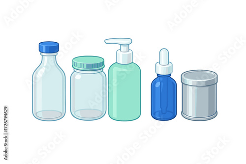 Assortment of blank transparent and opaque bottles, jars, and cosmetic dispensers for various product packaging