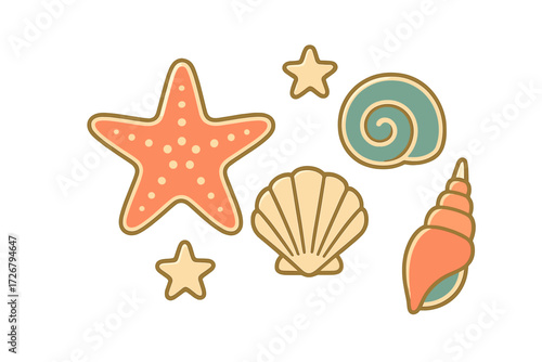 Vibrant marine life collection featuring a large starfish and diverse seashells including conch and scallop on a clean white background