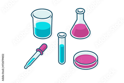 Collection of essential scientific laboratory glassware and tools for chemistry experiments and biological research