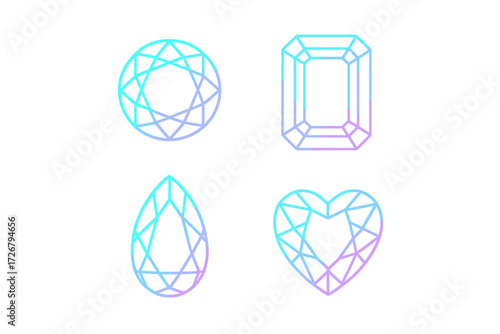 Elegant gradient outlines of precious gemstones featuring popular cuts like round, emerald, pear, and heart shapes