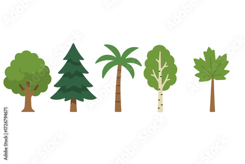 Collection of diverse stylized trees featuring deciduous, conifer, palm, birch, and maple varieties for nature-themed designs and landscapes