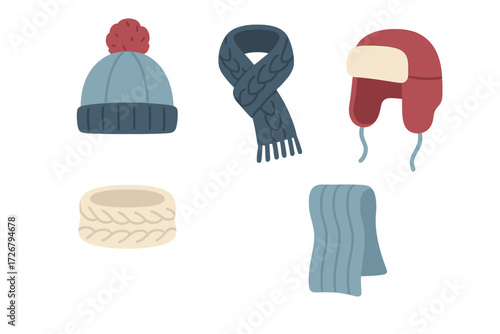 Variety of warm winter accessories including knitted hats, earflap caps, and different styles of scarves