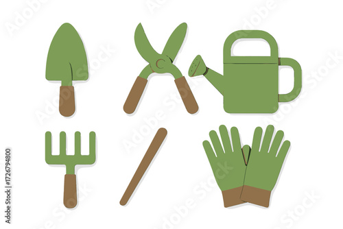 Assortment of essential gardening tools and equipment for planting, pruning, and watering plants in a home garden or outdoor space