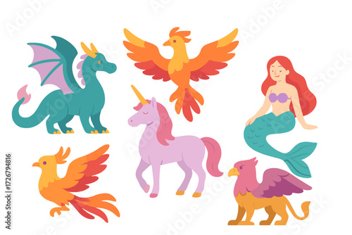 Vibrant collection of mythical creatures: dragon, phoenix, unicorn, mermaid, and griffin on white background