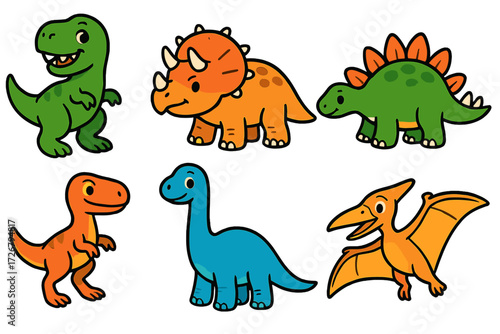 Adorable cartoon dinosaur characters including T-Rex, Triceratops, Stegosaurus, Brontosaurus, and Pterodactyl