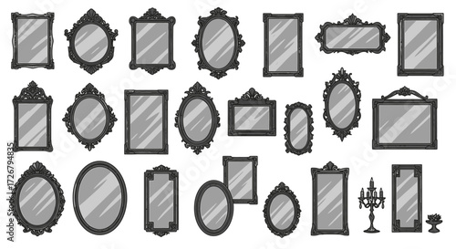 Collection of ornate and decorative mirrors with various shapes and frame designs, arranged in rows.