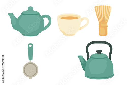 Collection of tea brewing essentials including teapot, kettle, mug, whisk, and strainer for hot beverages