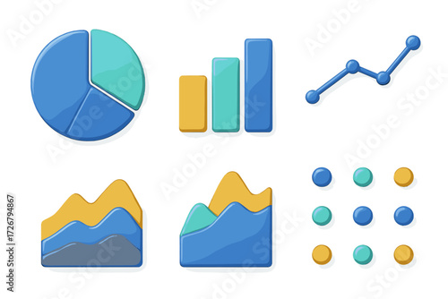 Collection of colorful three dimensional data visualization charts and graphs for business analytics and financial reporting