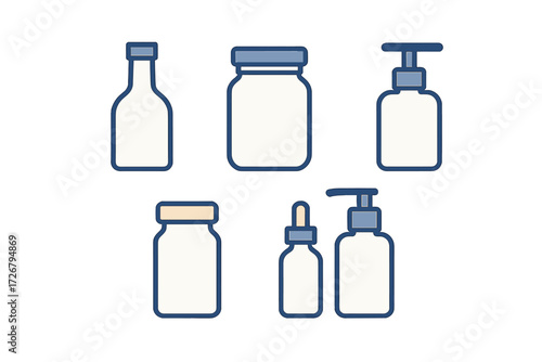 Assortment of empty cosmetic, pharmaceutical, and food containers including bottles, jars, and pump dispensers