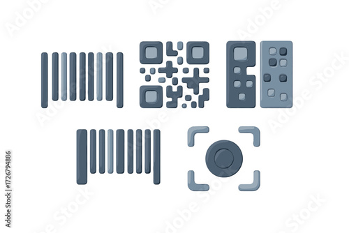 Modern digital identification codes, barcodes, QR codes, and scanning interface elements for technology applications