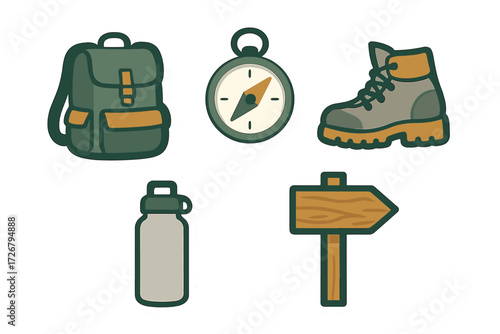 Outdoor adventure gear set with backpack compass hiking boot water bottle and wooden sign for travel and exploration
