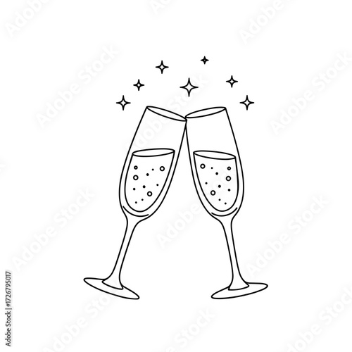 Two champagne glasses clinking with sparkles in black and white  