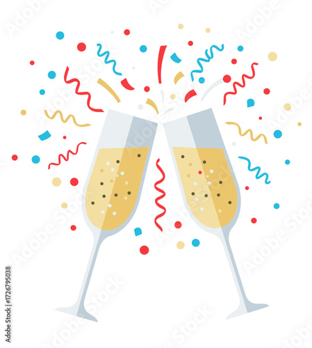 Champagne glasses clinking with colorful confetti and streamers  