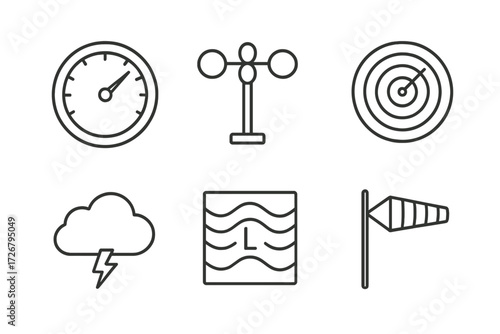 Essential weather forecasting instruments and meteorological symbols for climate and atmospheric conditions