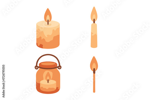 Burning candles, a lit matchstick, and a glowing lantern casting warm light and creating a peaceful ambiance