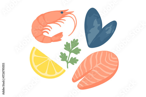 Fresh seafood variety with shrimp, salmon fillet, mussels, bright lemon wedge, and aromatic parsley sprig