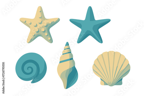 Stylized marine life objects featuring starfish and various types of seashells in a vibrant blue and yellow color palette