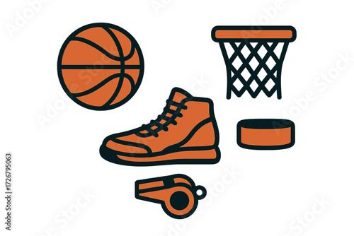 Set of basketball sport accessories including a ball, high-top sneaker, net, and referee whistle, essential for the game