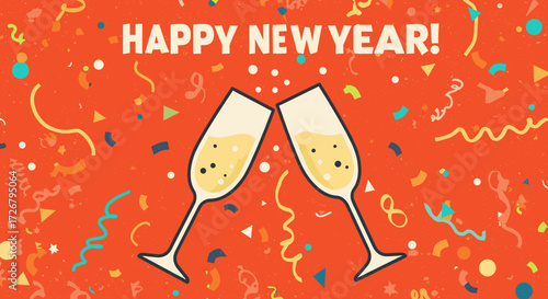 Champagne glasses clinking with confetti on orange background for New Year  