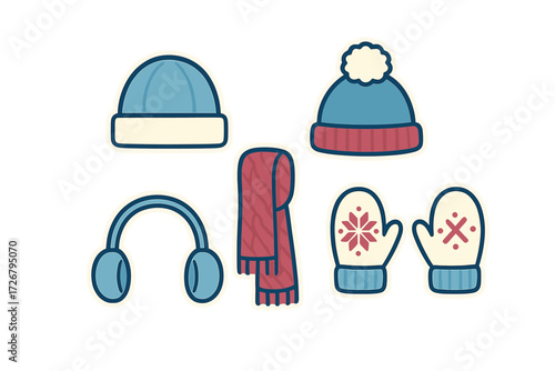 Assortment of cozy winter clothing accessories featuring knitted hats, a warm scarf, comfortable mittens, and protective earmuffs