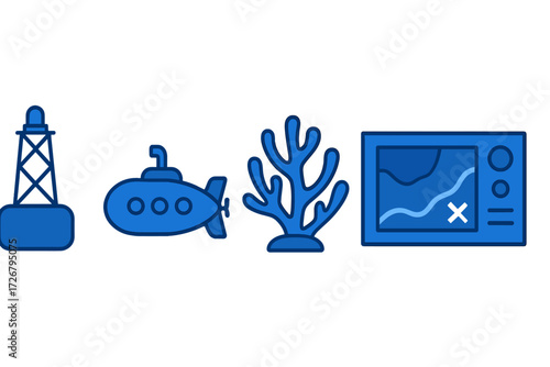 Marine navigation and underwater exploration symbols including buoy, submarine, coral, and sonar device