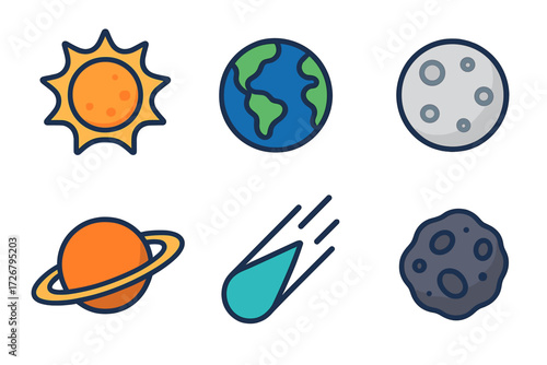 Diverse collection of solar system elements and celestial objects including planets, sun, moon, comet, and asteroid