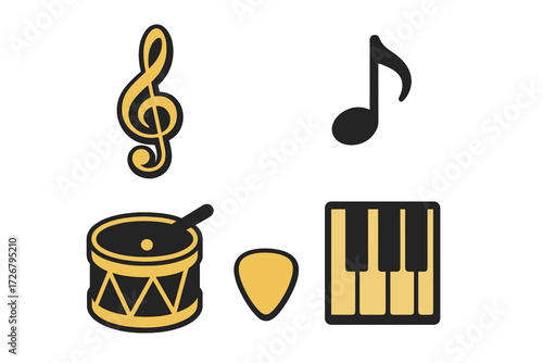 Collection of musical symbols and instruments including treble clef, note, drum, guitar pick, and piano keys