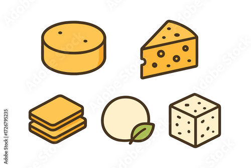 Collection of cheese products in various shapes and forms including wheel, wedge, slices, ball, and cube