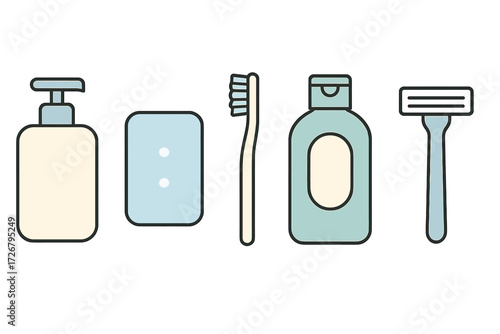 Collection of essential personal hygiene items including soap dispenser, bar soap, toothbrush, shampoo bottle, and razor for daily grooming routine