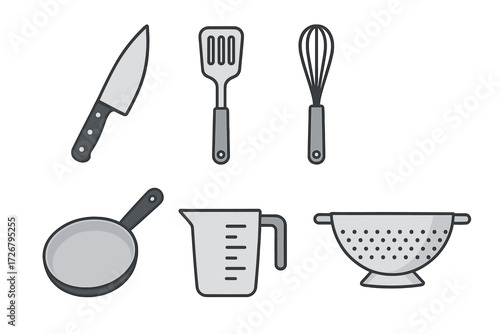 Essential kitchen utensils collection featuring knife, spatula, whisk, frying pan, measuring cup, and colander for cooking and baking